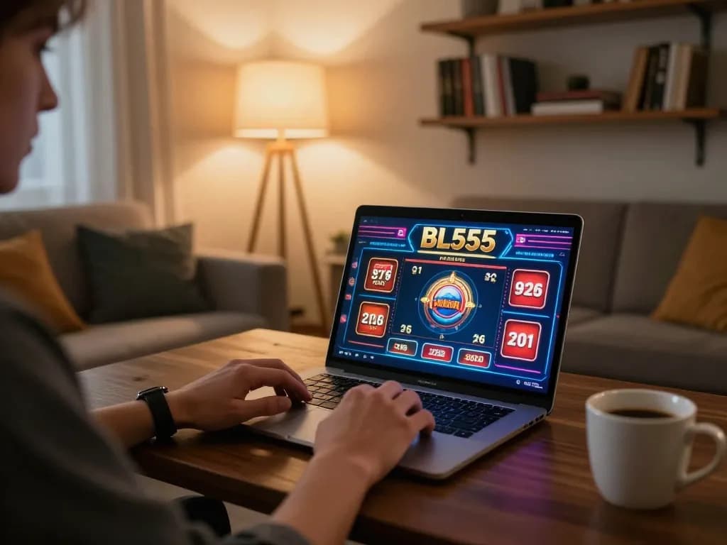 Player engaging with the BL555 online casino interface, showcasing a cozy home gaming setup.