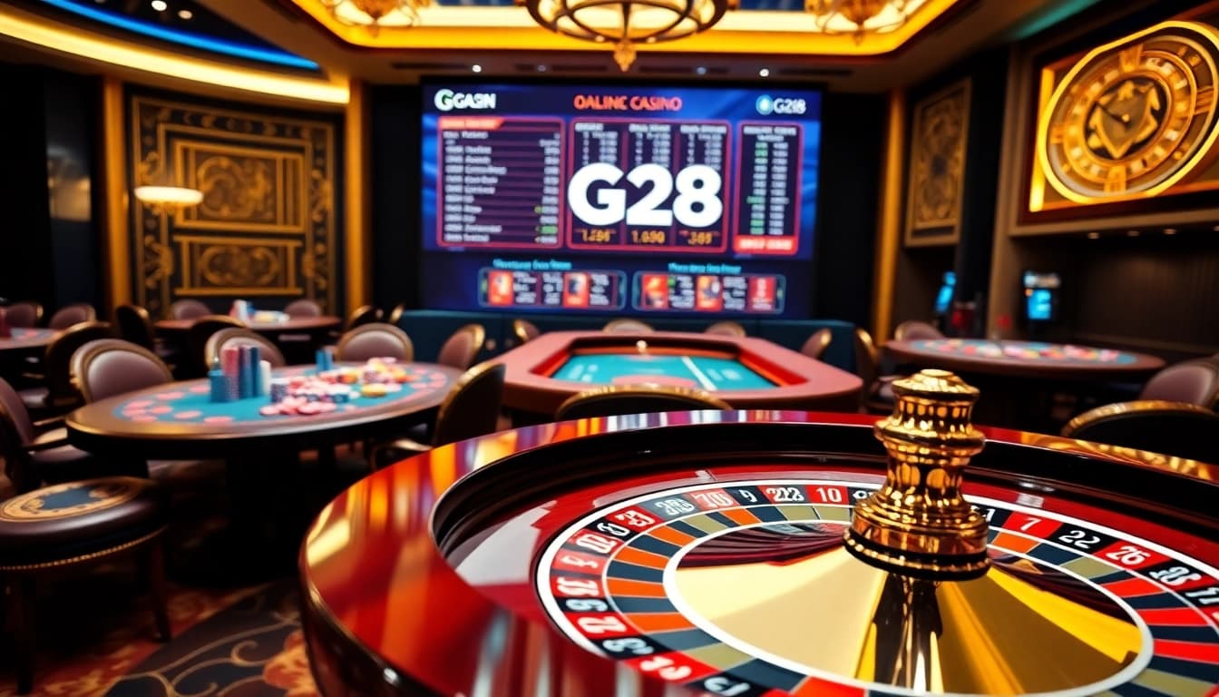 High-stakes gambling scene featuring G28 online casino with poker chips and roulette.