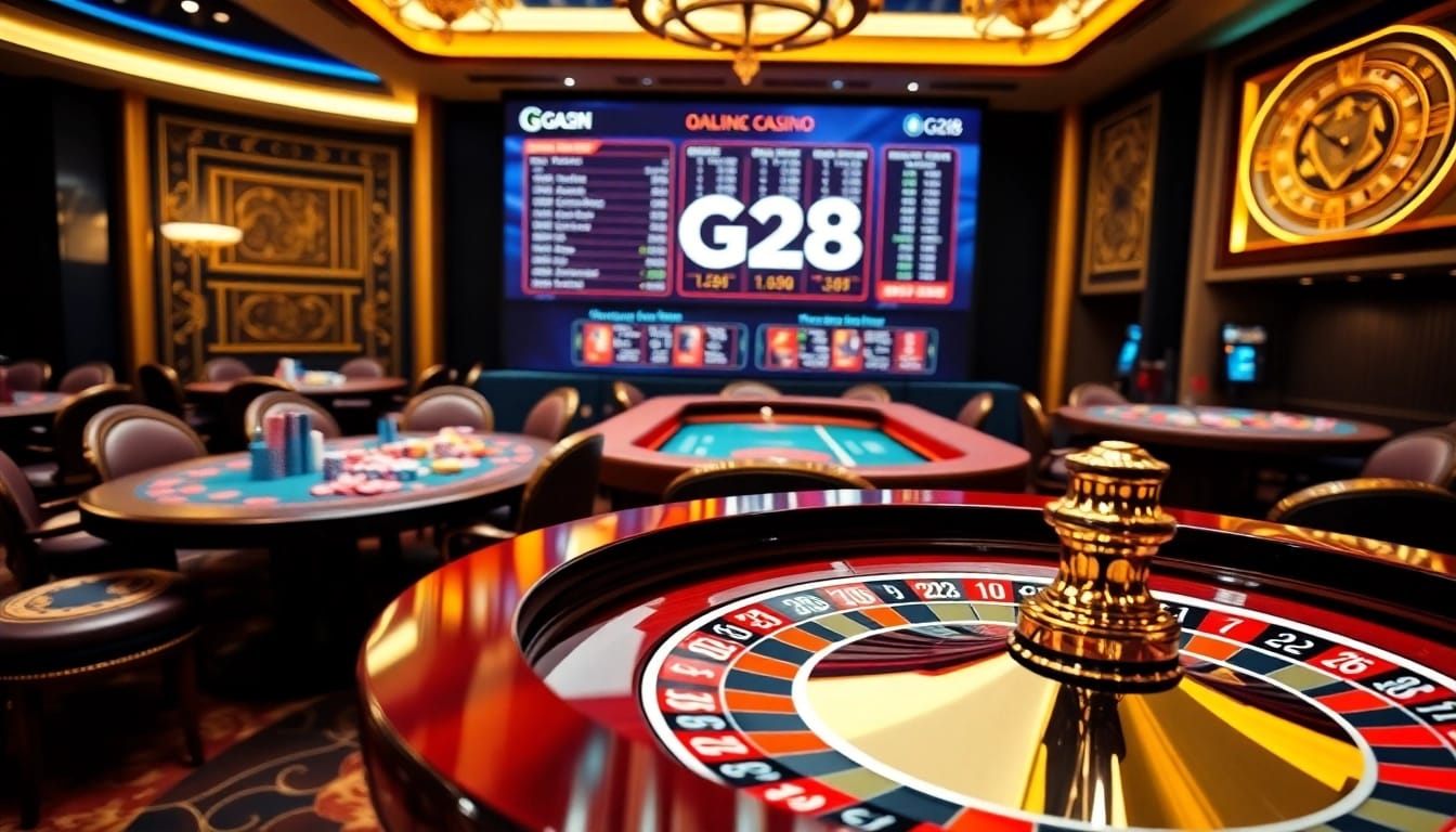 High-stakes gambling scene featuring G28 online casino with poker chips and roulette.