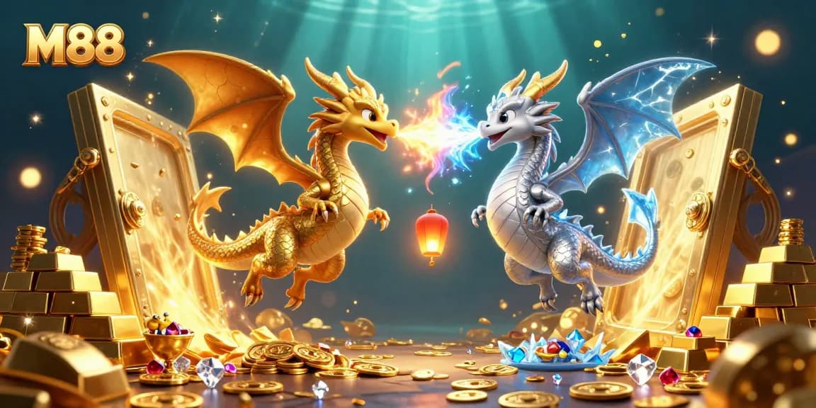 M88 features intertwined dragons and treasure elements representing a thrilling casino experience.