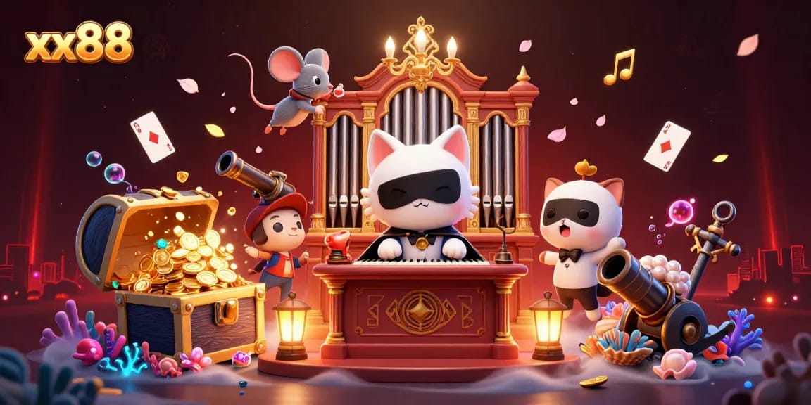 Experience the magic of xx88 at this dynamic casino illustration featuring vibrant characters and rich game elements.