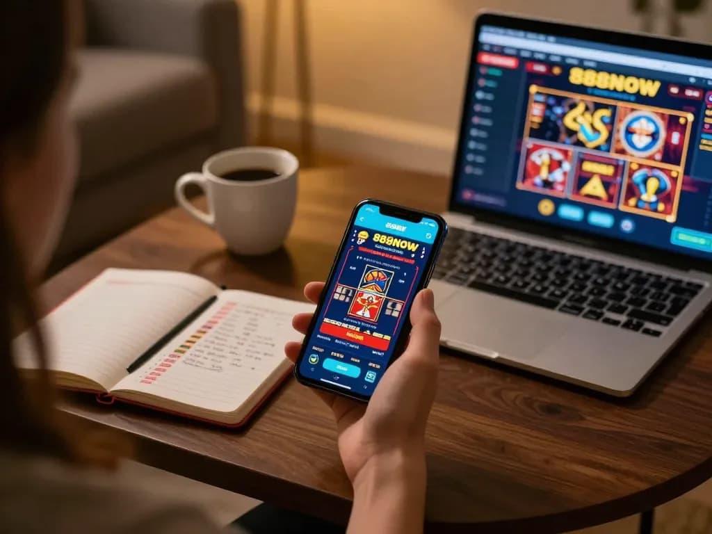 Engaging with the 888NOW app for online casino gaming on a smartphone in a cozy setting.