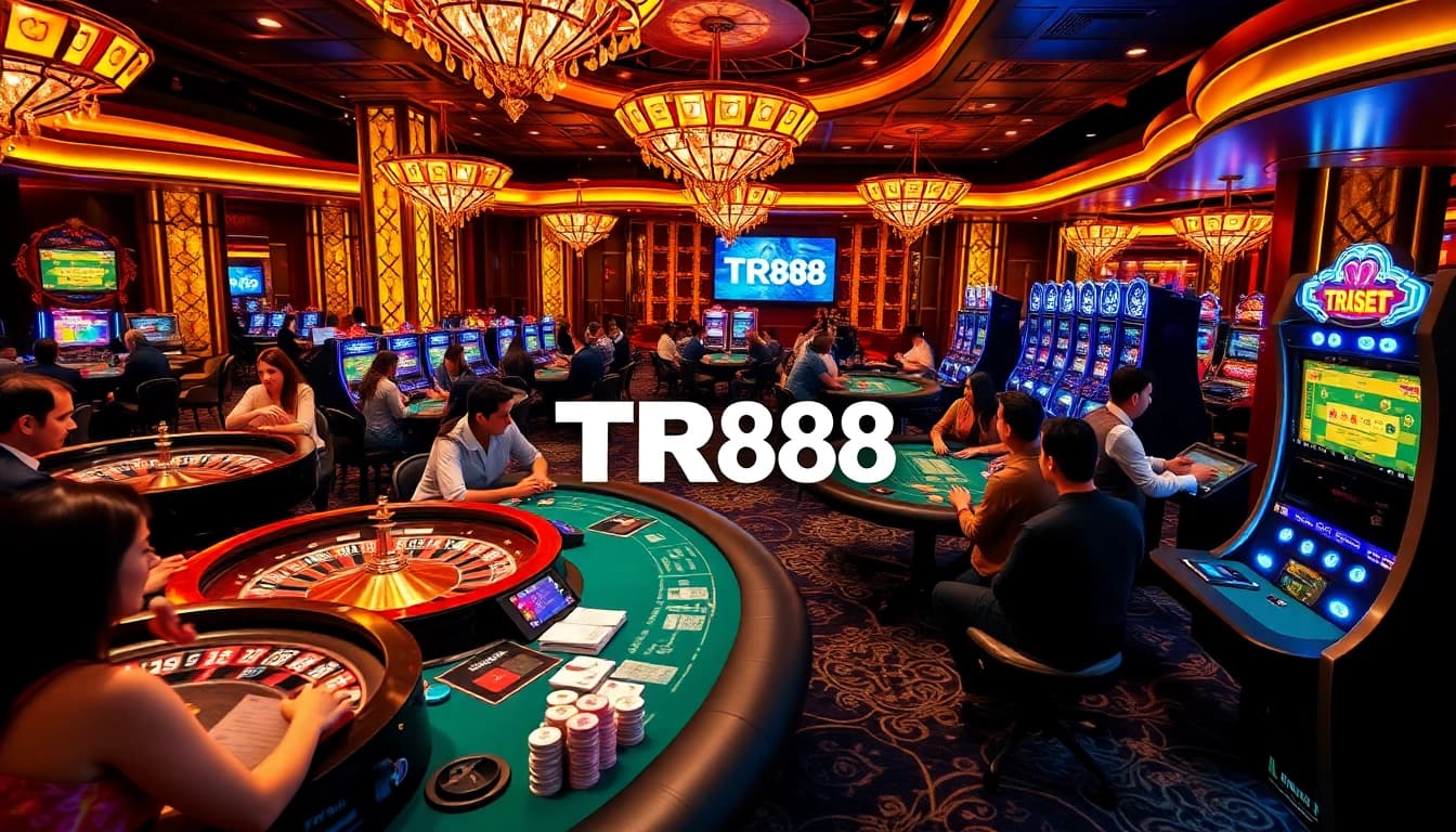 Experience the excitement of online gambling with TR88 Autos featuring vibrant casino tables and poker players.