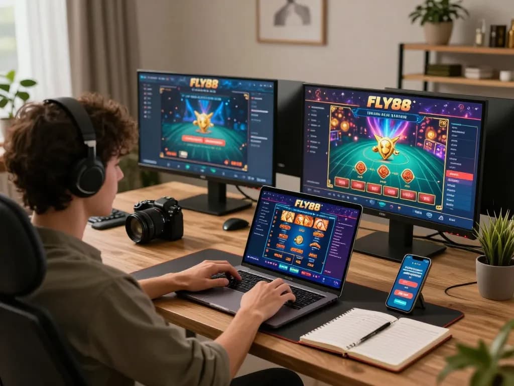 Engaging online gaming scene with FLY88 live dealer games on a laptop in a cozy workspace