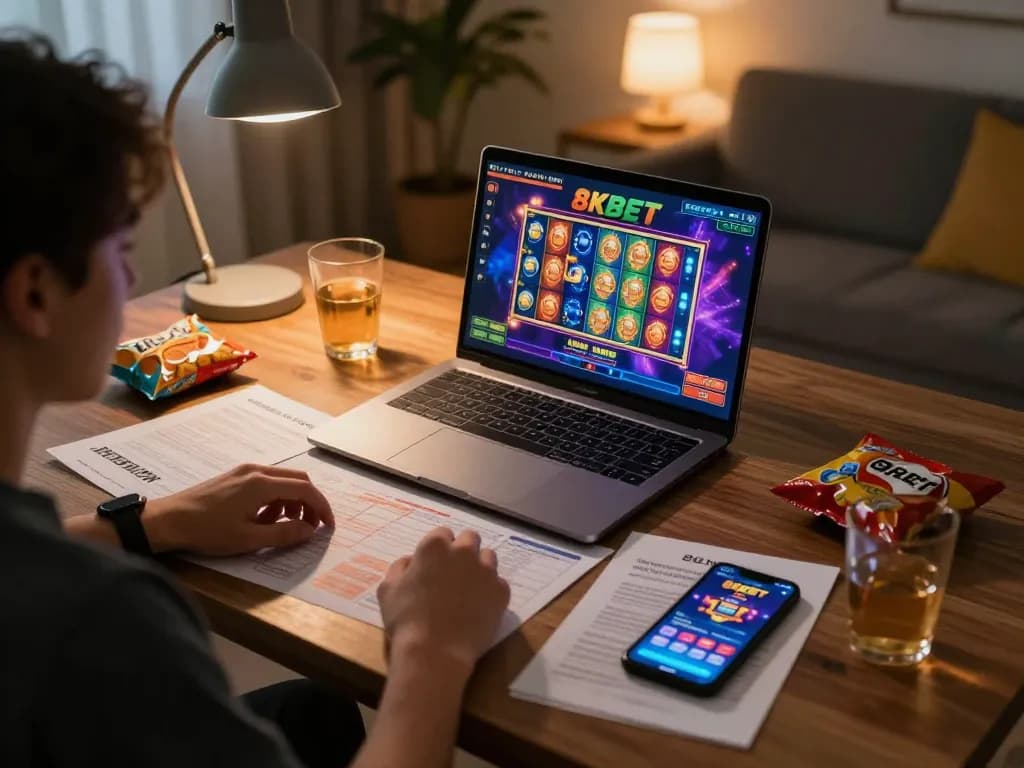 Player enjoying online casino games on 8KBET app with laptop and strategy notes.