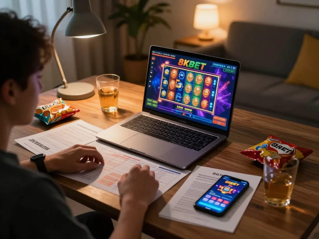 Player enjoying online casino games on 8KBET app with laptop and strategy notes.