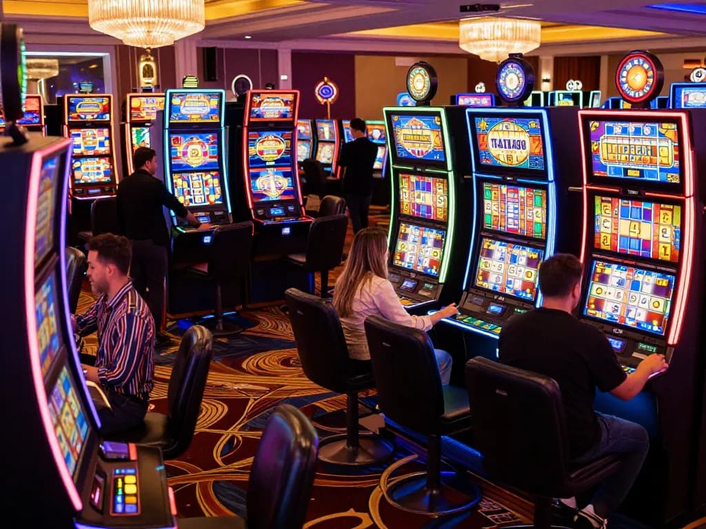 Players engaging with colorful slot machines at TA88 casino, vibrant atmosphere showcasing excitement in gaming.