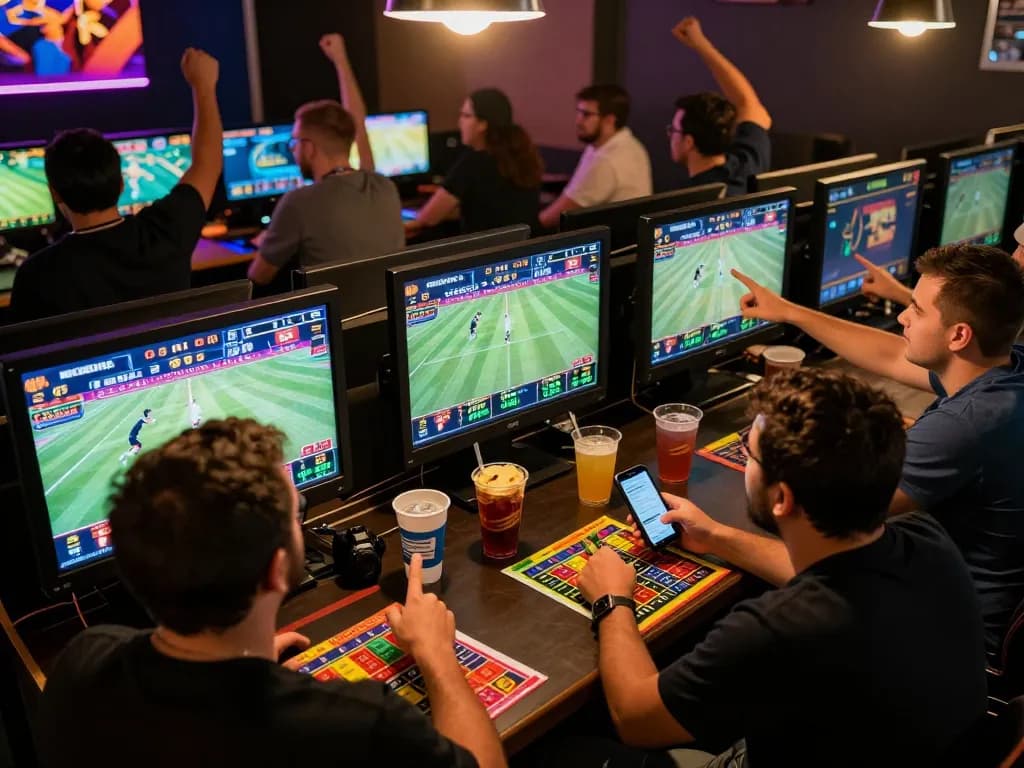 Engaging sports betting action at F8BET with enthusiastic bettors analyzing live odds.