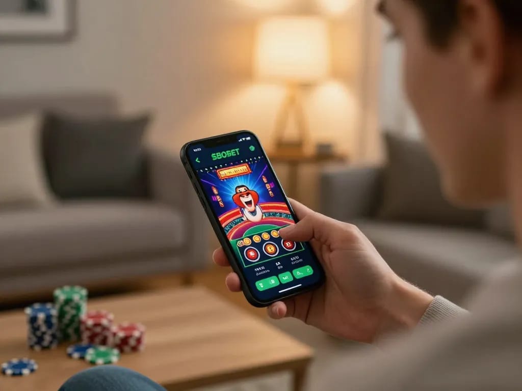 SBOBET user placing bets on a mobile app in a stylish living room, showing online gambling strategy