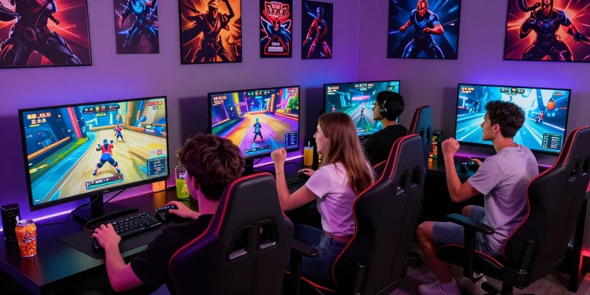 Playing an engaging xxx game with friends in a colorful gaming setup.