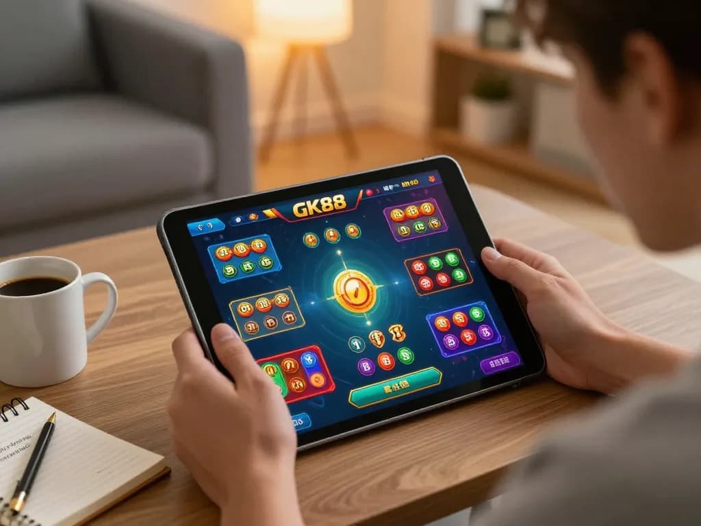 Engaging in the GK88 game on a tablet, showcasing vibrant online gaming and a responsible approach.