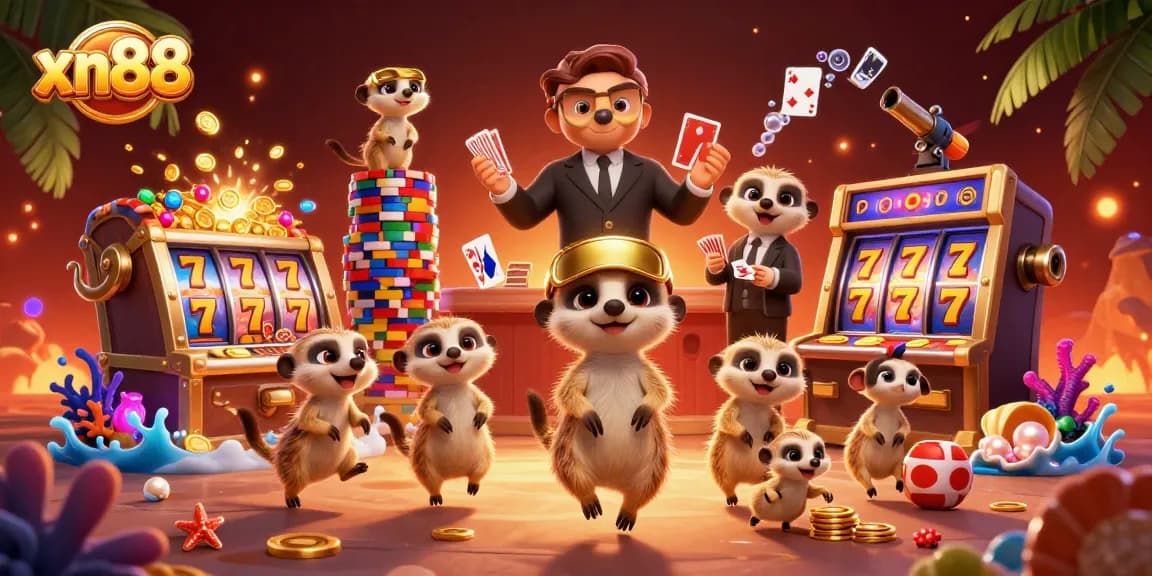 Experience thrilling gameplay at xn88 with fun meerkats operating a vibrant casino scene.