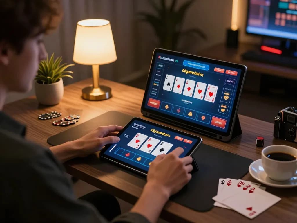 Engaging in exciting online poker game at 68gamebaivn, showcasing gaming setup and strategy notes.