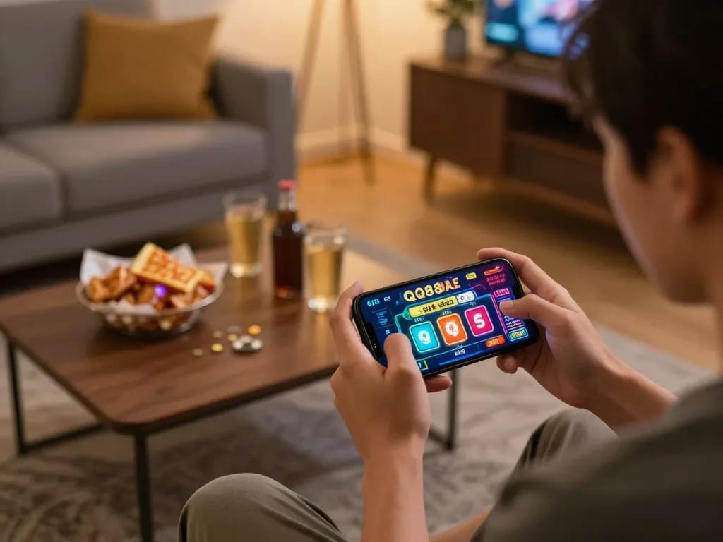 Engaging gaming moment on QQ88 AE mobile app showcasing lively atmosphere and interaction.