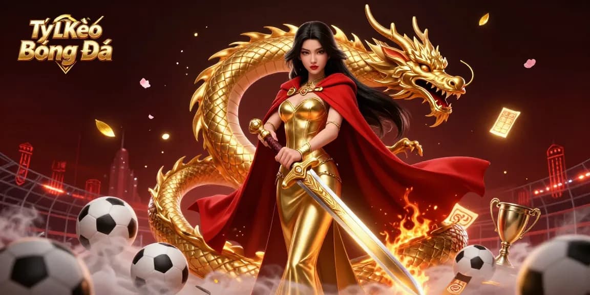 Tỷ Lệ Kèo Bóng Đá showcases a warrior queen gambling on sports with vibrant effects and dynamic elements.
