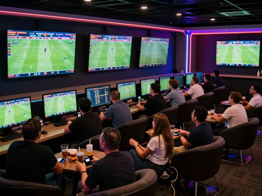 Excited bettors engaging with real-time odds at tylekeonhacai88 sports betting lounge during major events
