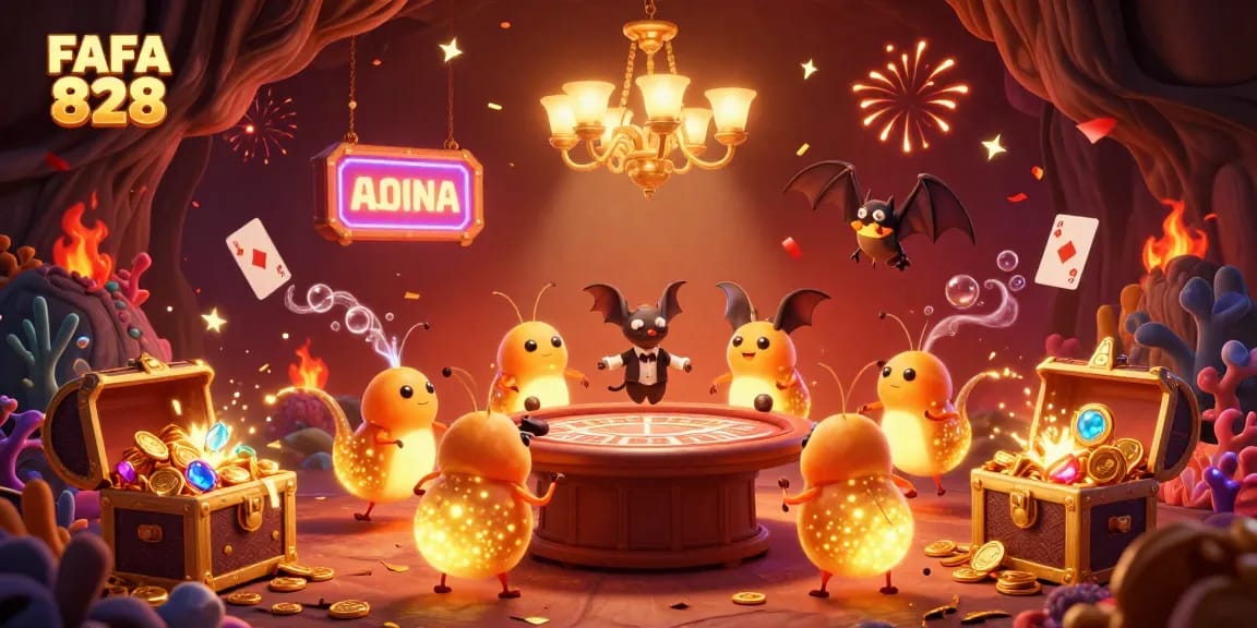 Experience the excitement of FAFA 828 at a vibrant cave casino, where glowing characters light up the game!
