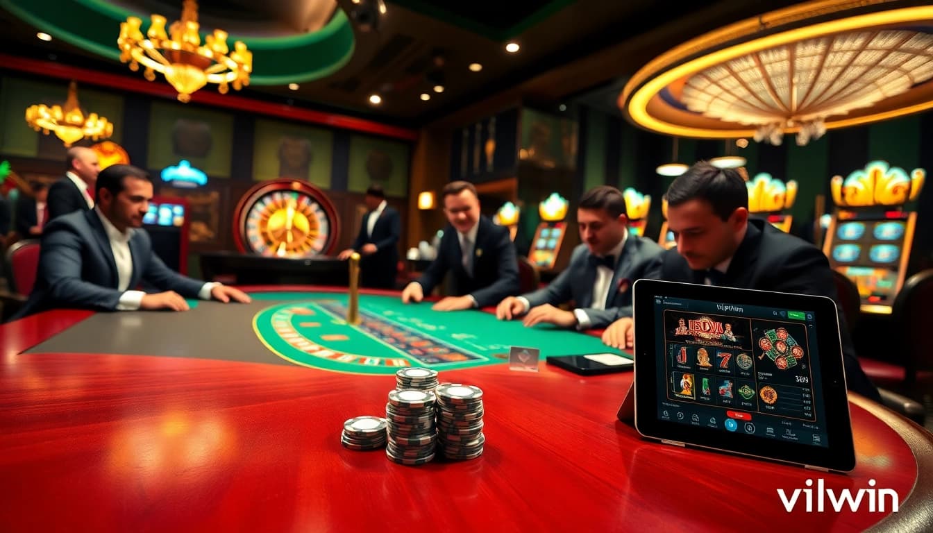 Experience the thrill of vipwin at a luxury casino poker table with vibrant slot machines.