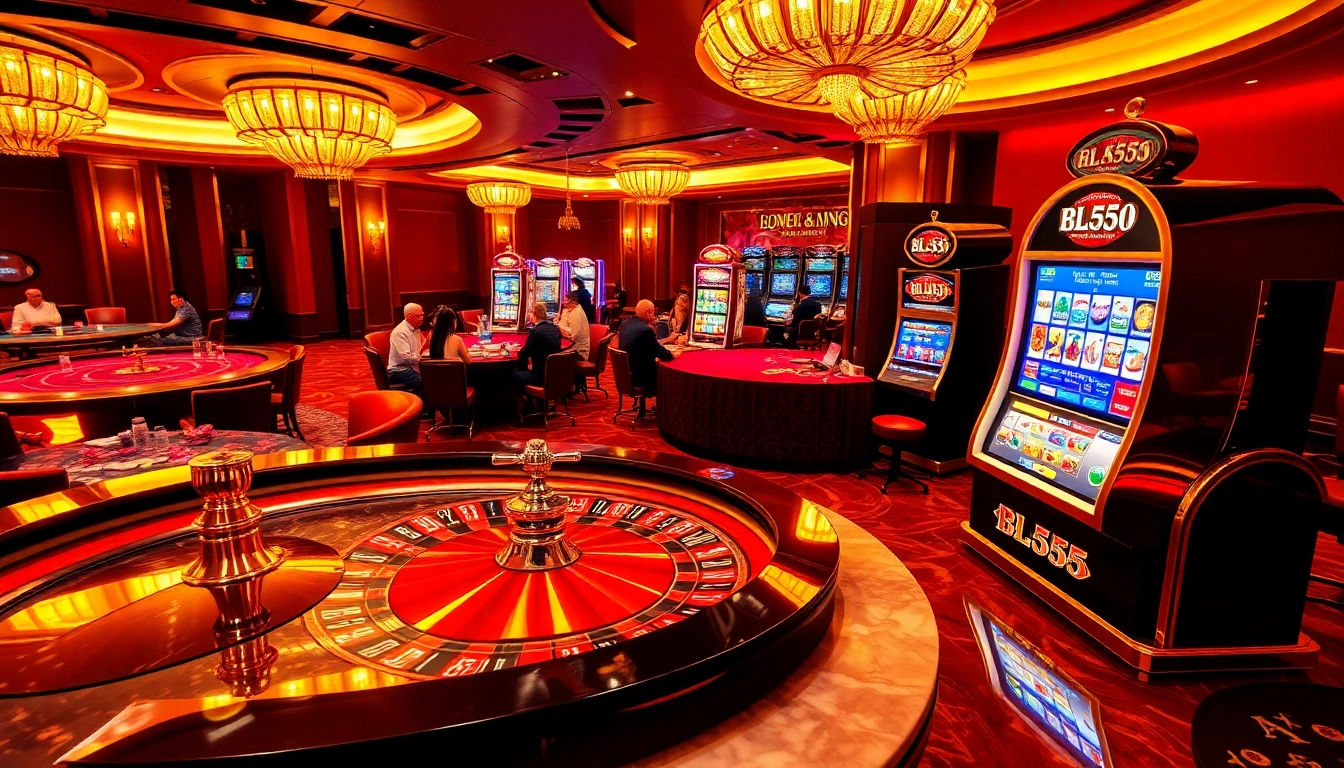 Experience the luxury of BL555 casino gaming with vibrant tables, happy players, and exciting slot machines.