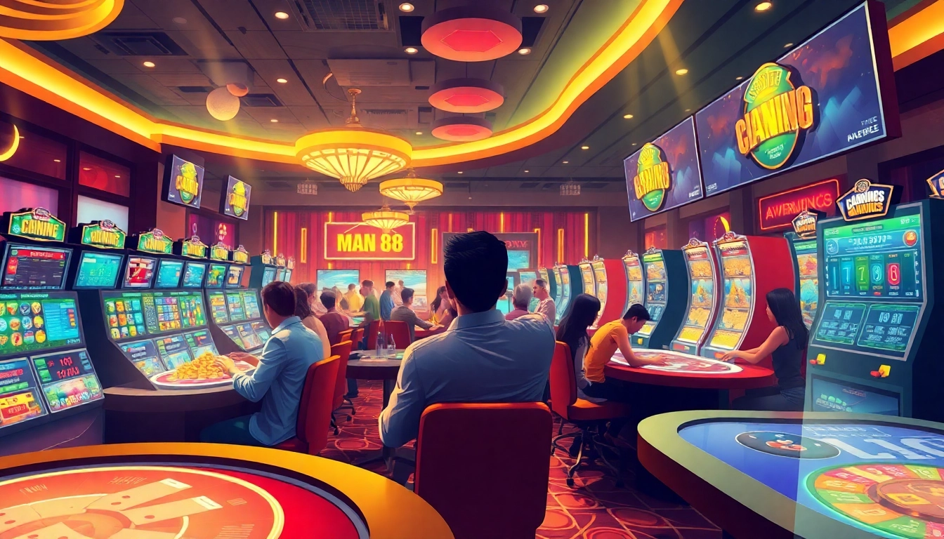 Exciting online casino scene at Man88 showcasing vibrant gaming action and players celebrating wins.