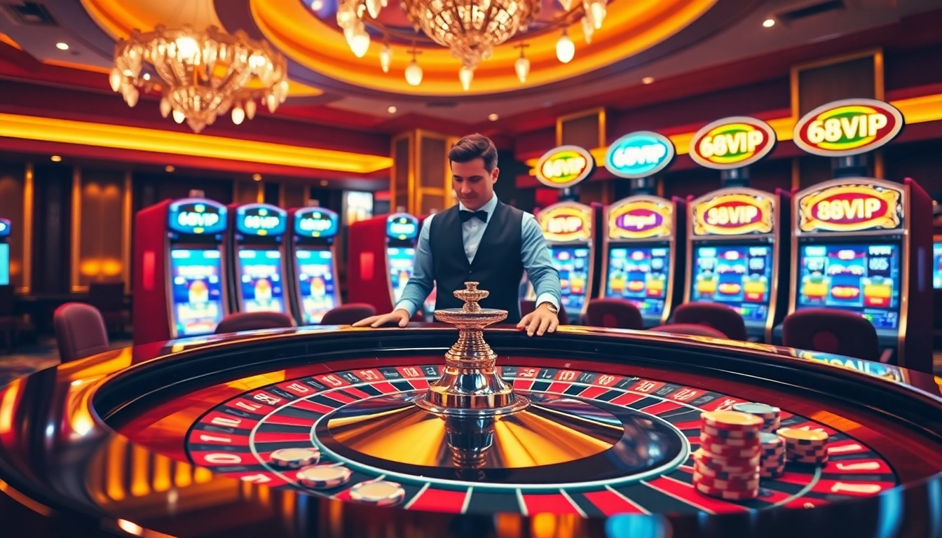 Experience thrilling gameplay with 68VIP at a vibrant roulette table in a luxurious casino atmosphere.
