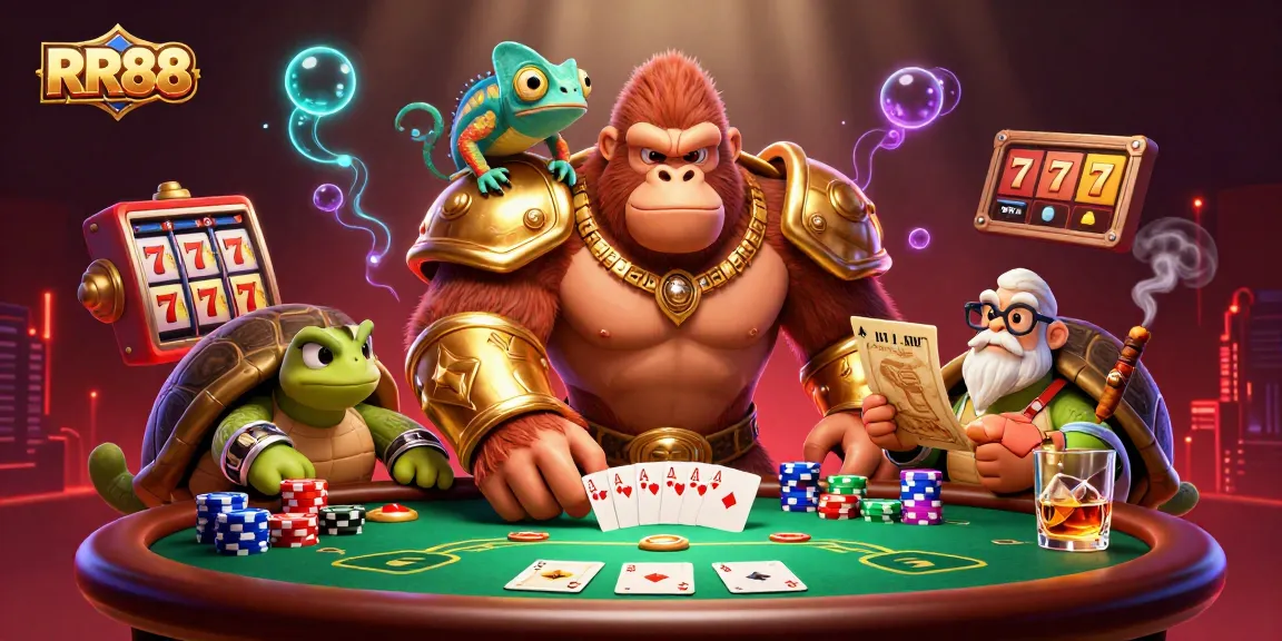 RR88 showcases a powerful gorilla, a chameleon, and a tortoise in an engaging, vibrant casino scene full of poker elements.