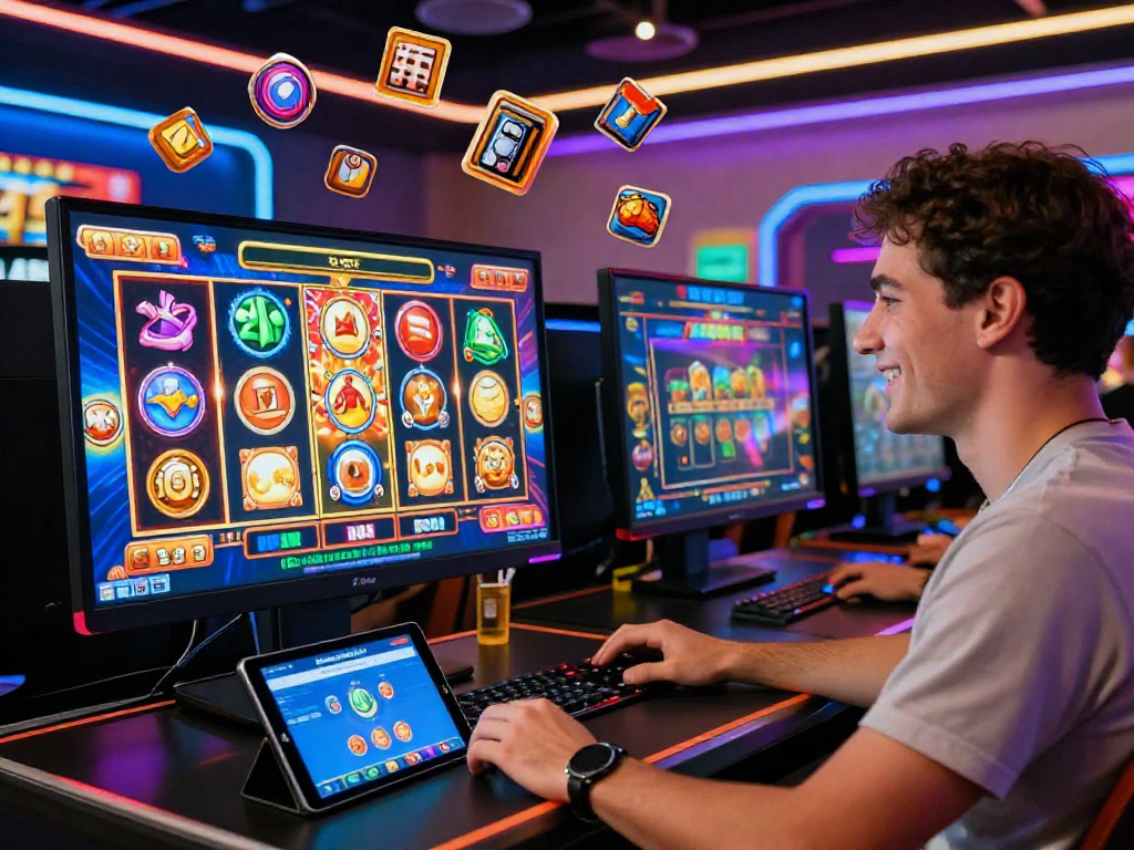 Player enjoying exciting games at non UK casinos with vibrant graphics and bright neon lights.