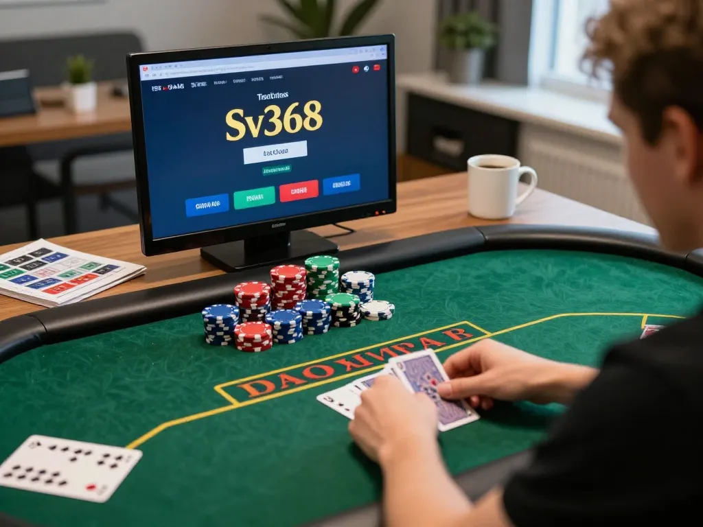 Engaging in a thrilling Sv368 poker game from a modern home office setup, showcasing focused gameplay.