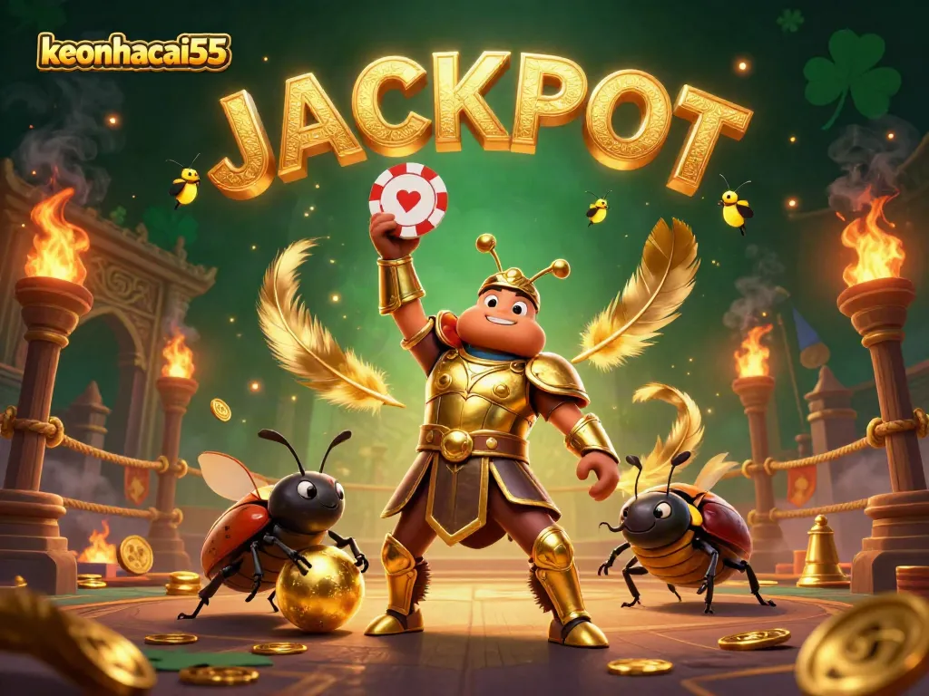 Experience the excitement of keonhacai55 with a victorious beetle lifting a poker chip amidst dazzling casino elements.