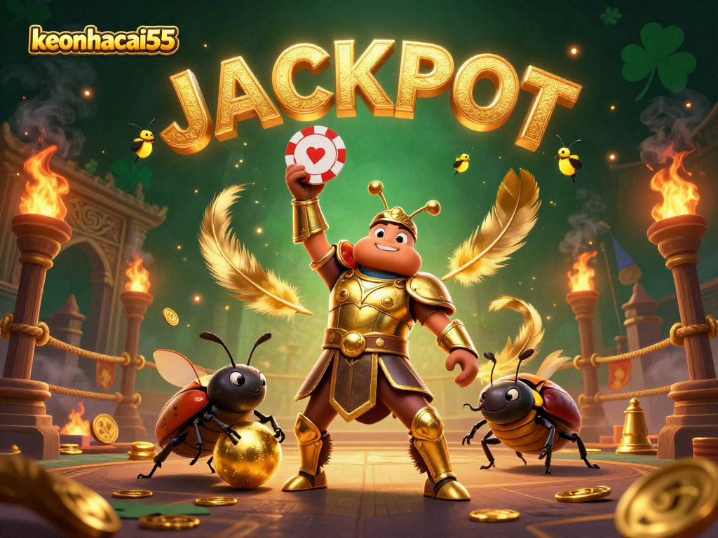 Experience the excitement of keonhacai55 with a victorious beetle lifting a poker chip amidst dazzling casino elements.