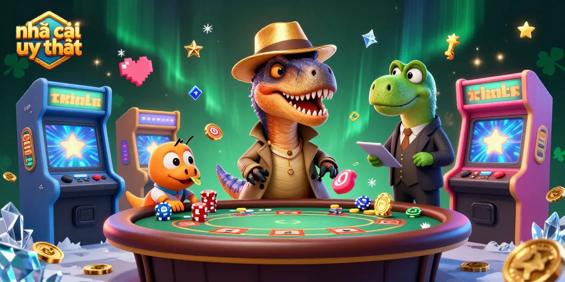 Engaging scene of a nhà cái uy tín cartoon velociraptor at a blackjack table, showcasing vibrant casino gaming elements.