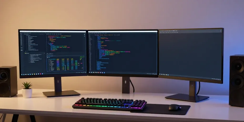 Bananzia Casino UK tech workspace with advanced analytics and coding displayed on monitors.