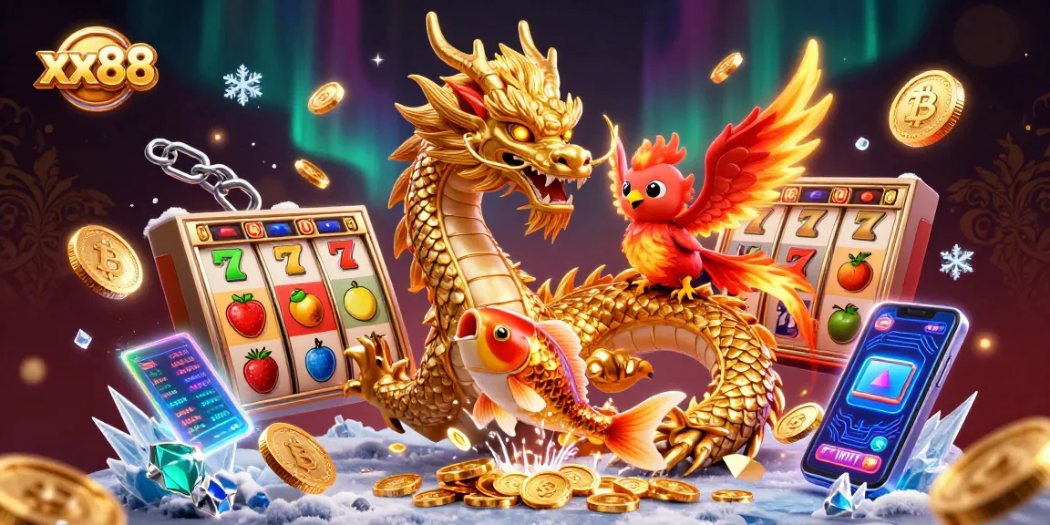 Experience thrilling gameplay at xx88 with a golden dragon, red phoenix, and koi fish amidst vibrant slot symbols.