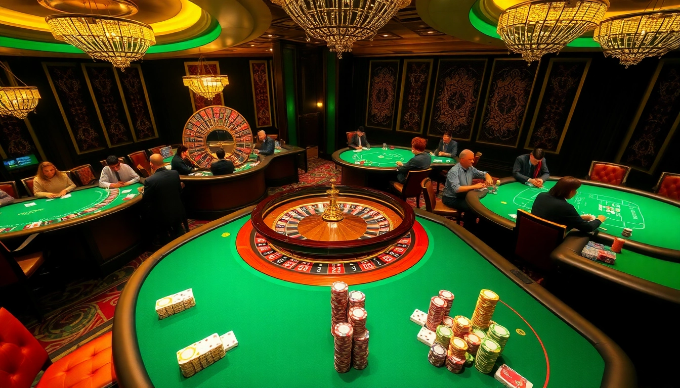 Players enjoying a thrilling game at QQ88pro Vip casino tables, surrounded by chips and cards.