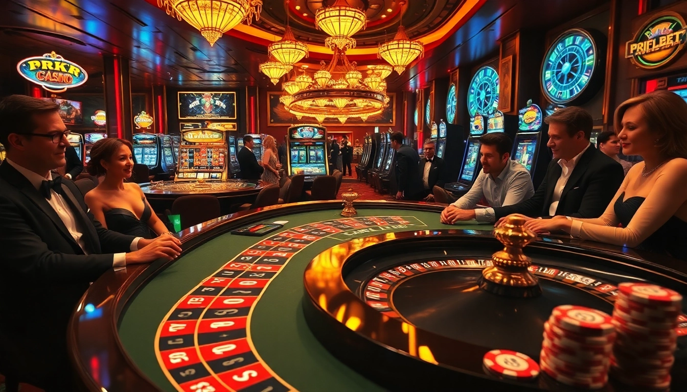Exciting casino scene showcasing luxury gambling with tables and slot machines at https://nohuu.site/.