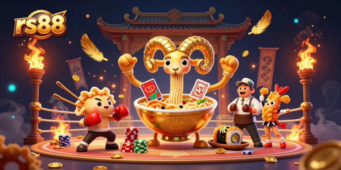Experience thrilling gameplay at rs88 with a vibrant scene of a golden ramen casino character amidst dramatic gaming elements.