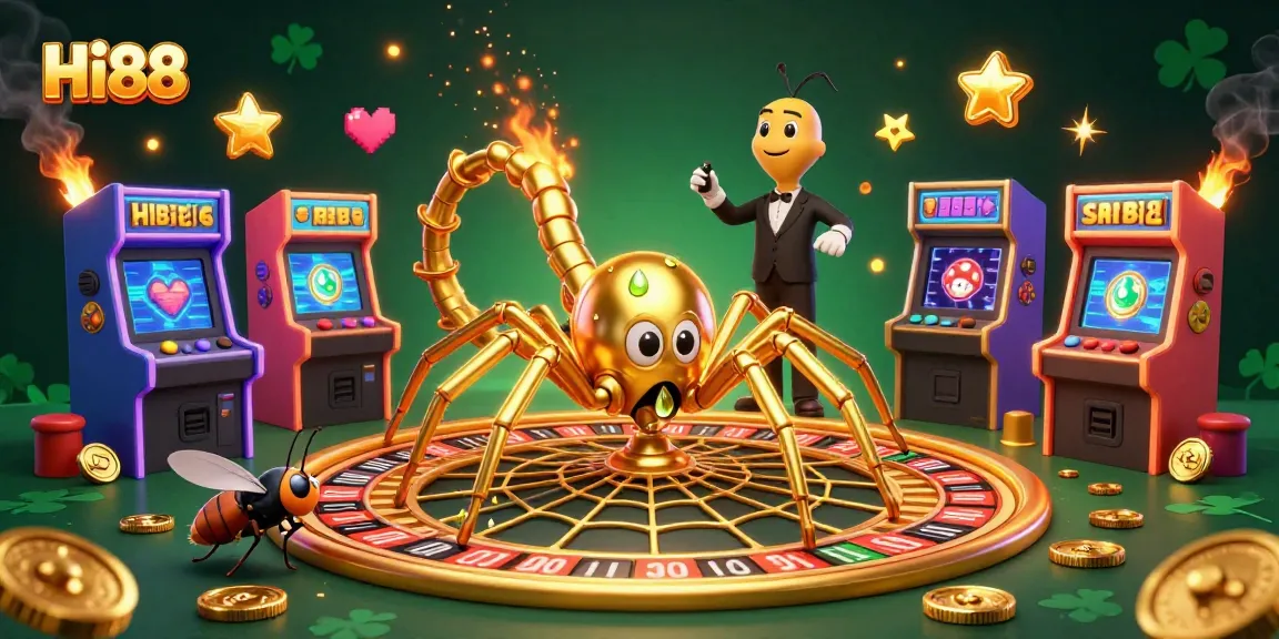 Experience thrilling gameplay at Hi88 with a golden spider and centipede dealer in an exciting casino scene.