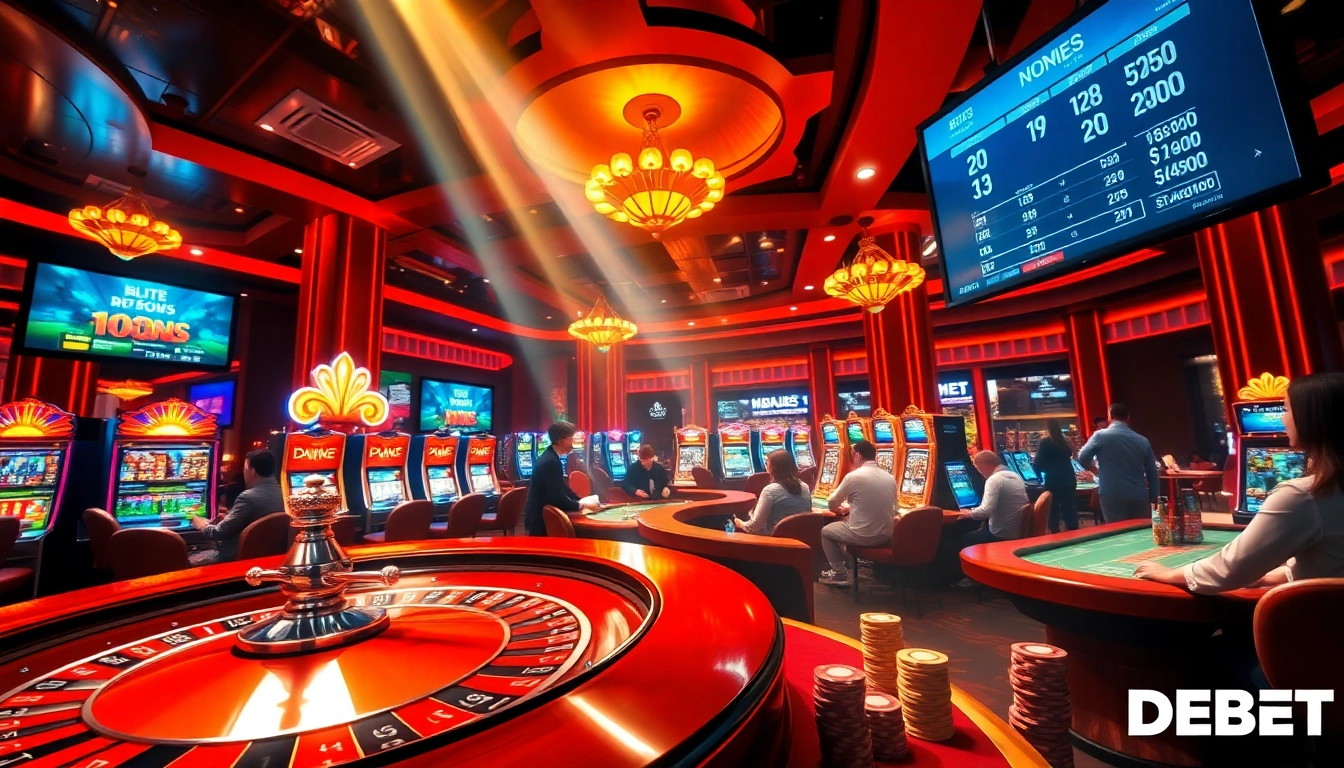 Experience the excitement of DEBET with a sophisticated casino atmosphere featuring roulette, cards, and players.