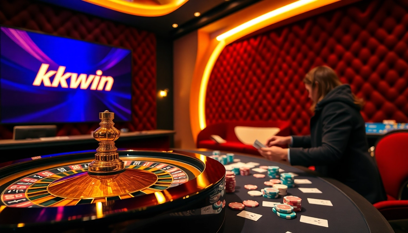 Kkwin showcases a vibrant casino scene with poker chips and roulette, illustrating digital excitement.