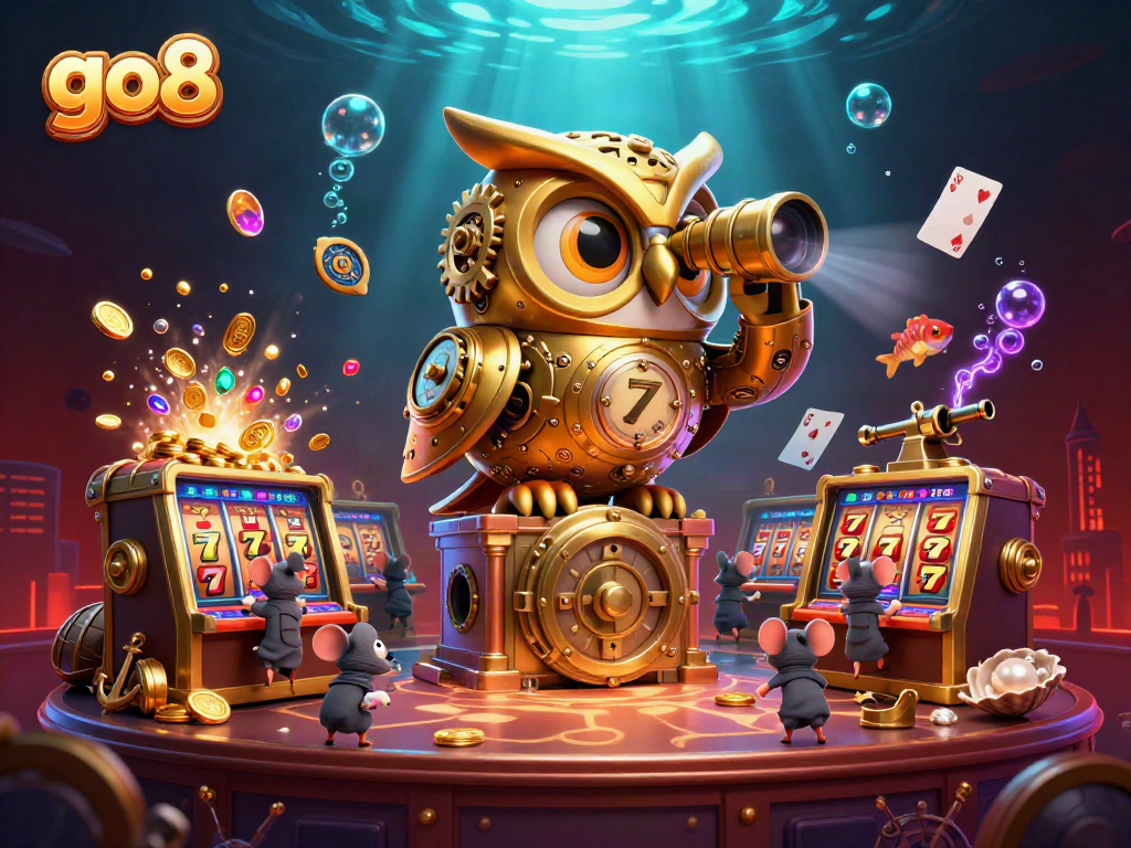 Engage in thrilling gameplay with the dynamic go8 casino scene featuring animated characters and vibrant slot games.