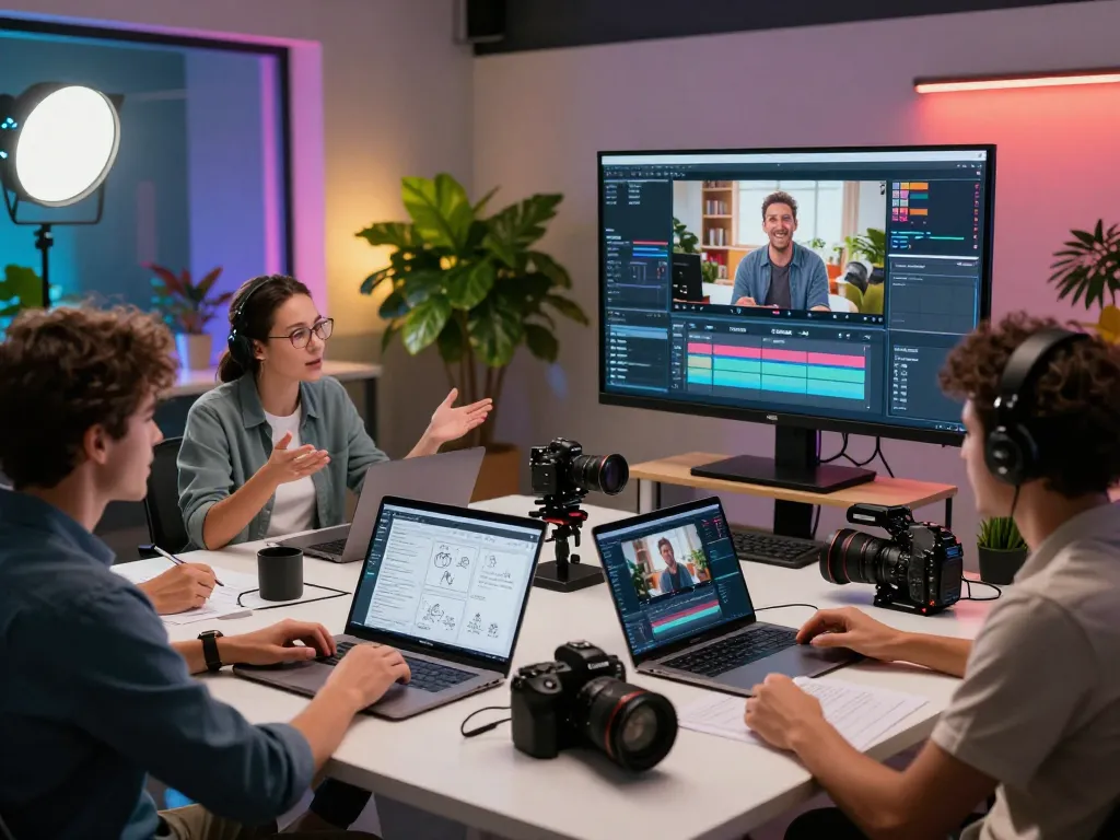 Filmmakers collaborating on AI-generated video concepts with Seedance AI technology.