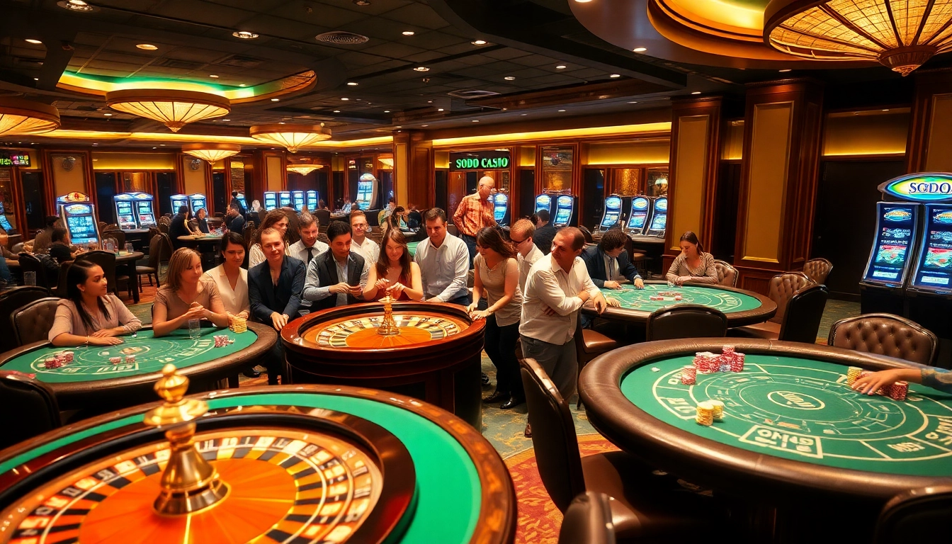 SODO CASINO gamblers engage at the roulette wheel with vibrant chips in an upscale casino setting.
