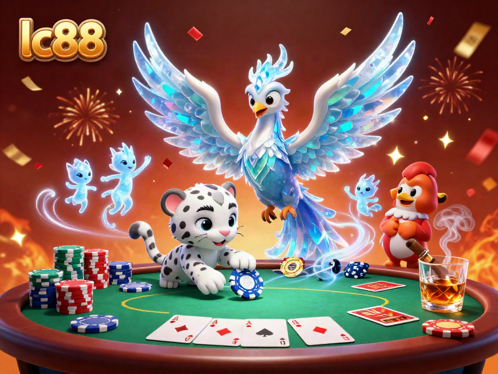 Engaging scene showcasing lc88's vibrant casino atmosphere with an ice phoenix, poker elements, and a festive backdrop.