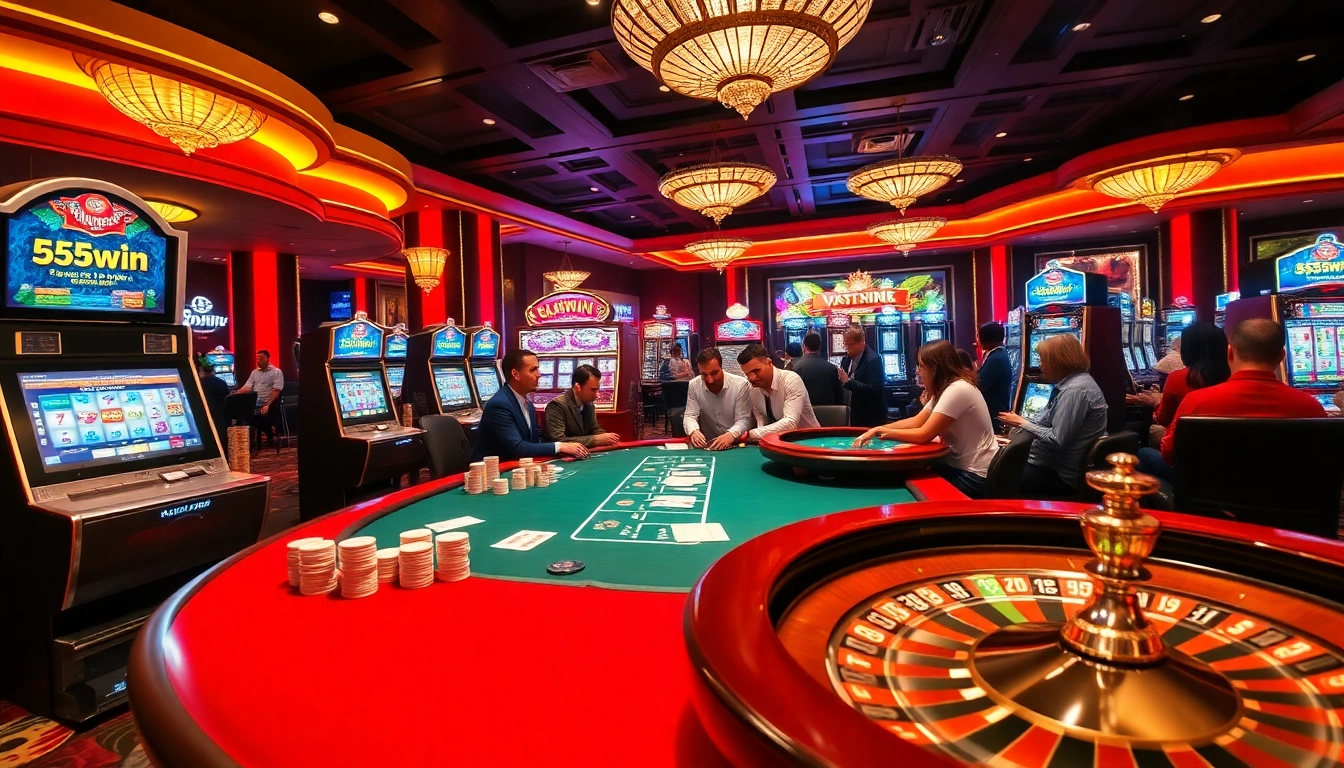 Experience excitement with the 555win gaming atmosphere featuring lively casino tables.