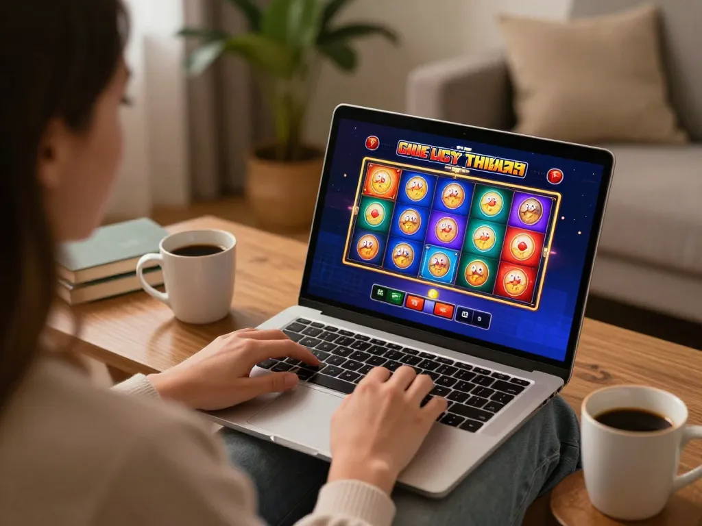EE88 player enjoying online slots on a laptop, with a cozy home atmosphere and engaging graphics.