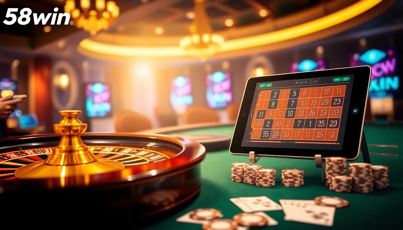 Experience thrilling gameplay at 58win with a vibrant casino scene featuring poker and roulette.