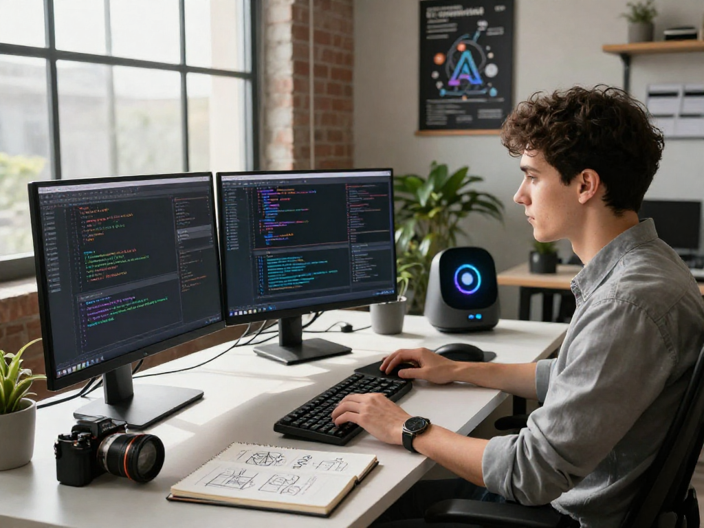Developer at work on AI algorithms and coding in modern tech workspace, highlighting ia +18 innovation and creativity.