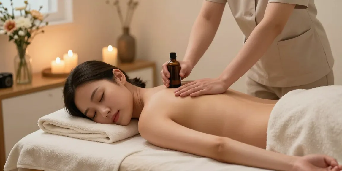 Young woman enjoying a relaxing 도봉구출장안마 massage in a serene home setting.