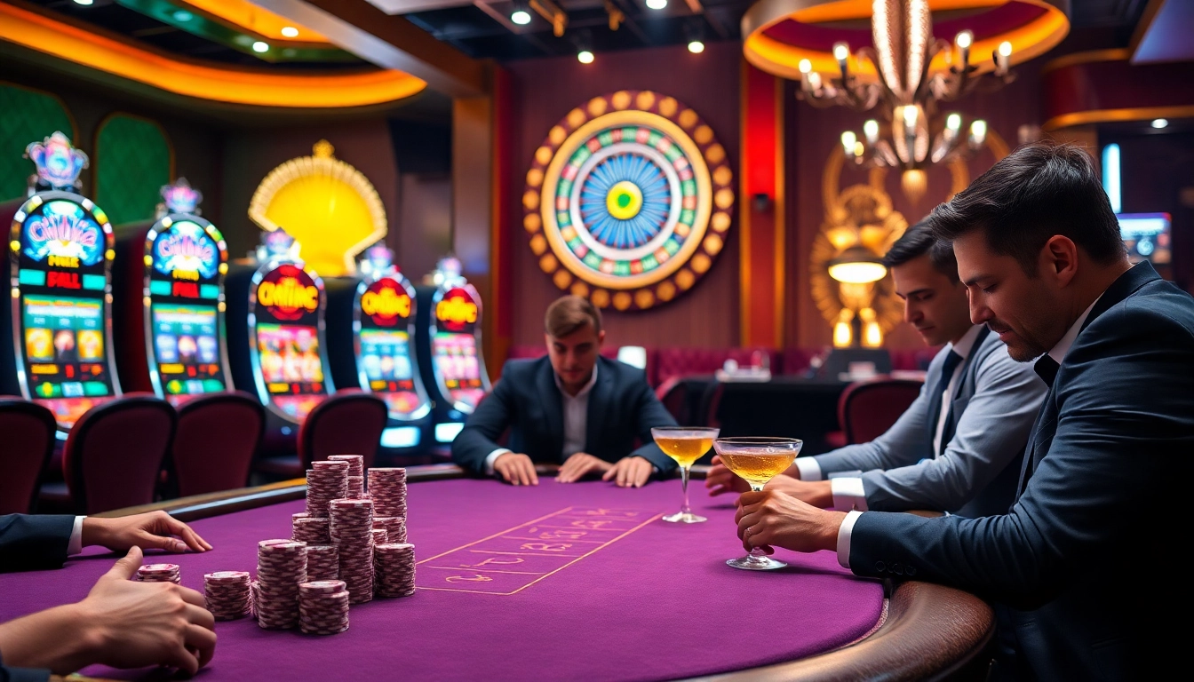 KJC poker players enjoying a high-stakes game at a luxurious casino table filled with vibrant colors.