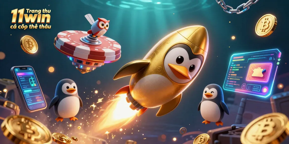 Trang chủ 11win cá cược thể thao features a golden penguin and casino space station capturing adventurous sports betting.